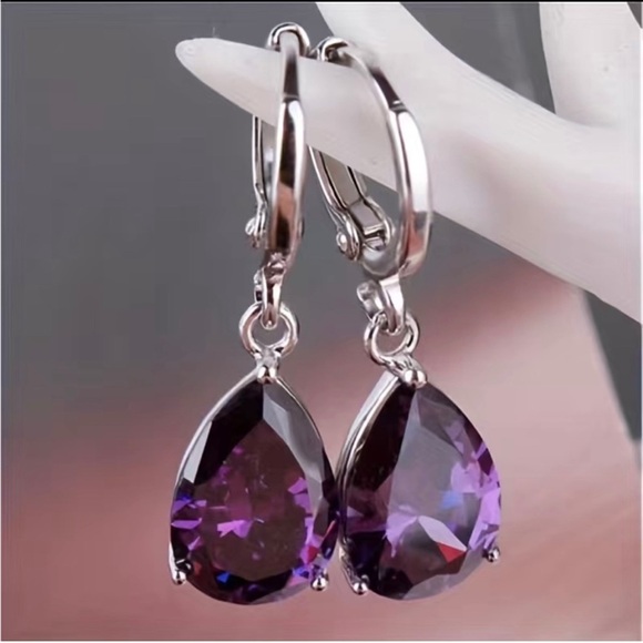 Earrings Purple Zirconia Tear Drop Shaped Dangle Pierced Elegant Faux Amethyst - Picture 2 of 3